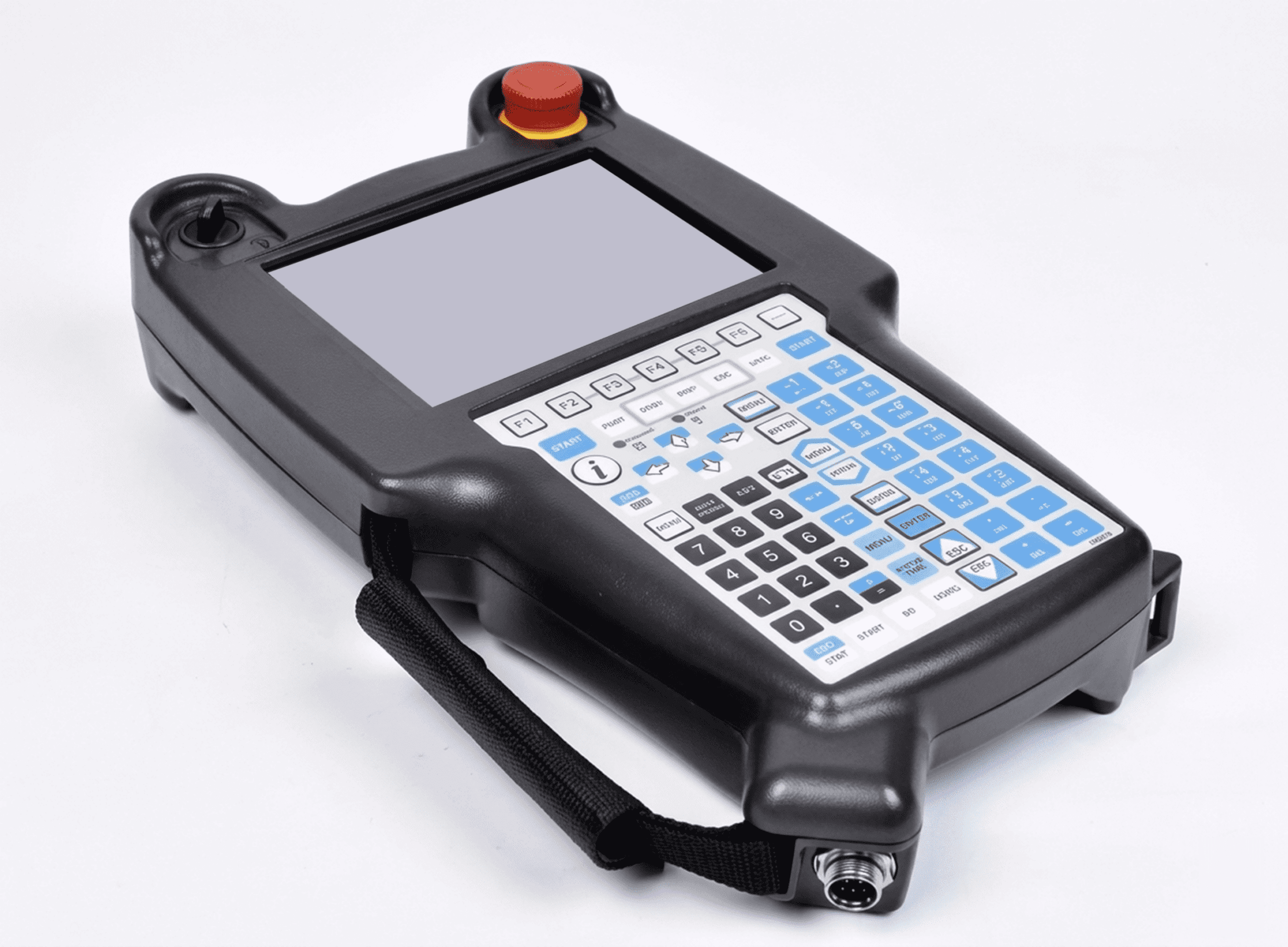Handheld industrial control device with display and keypad.