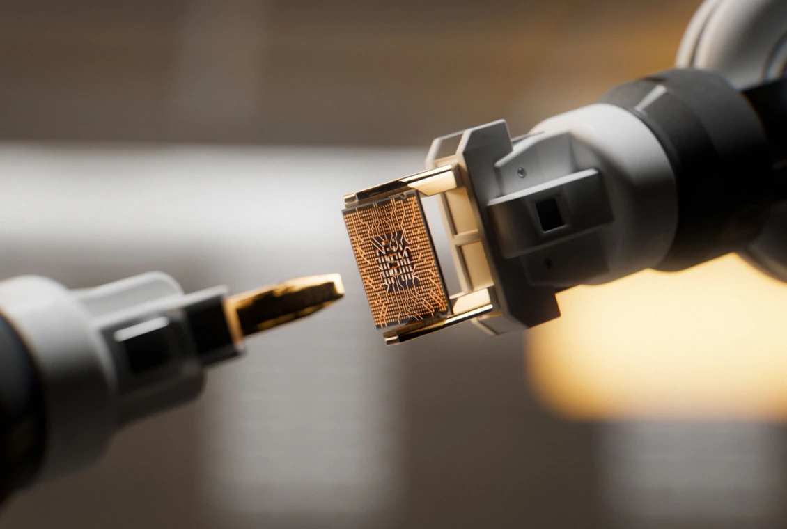 Robotic arms holding a microchip