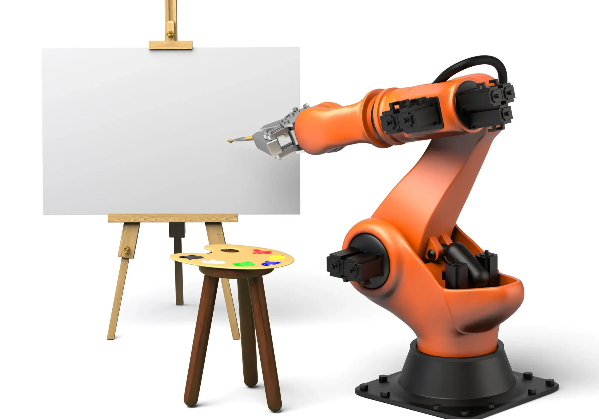 A robotic arm painting on a canvas set on an easel.