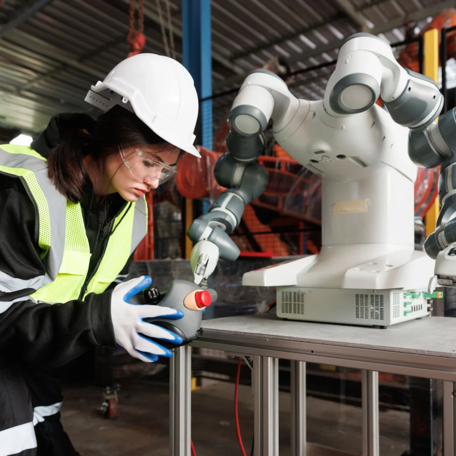 Woman operating robotic machinery
